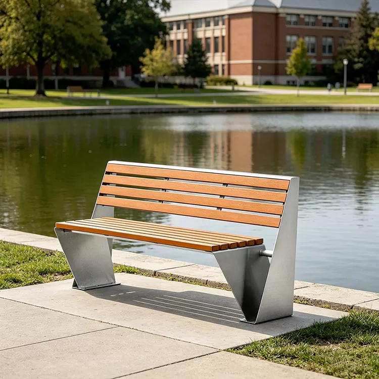 Commercial Metal Frame Bench with Wooden Seat